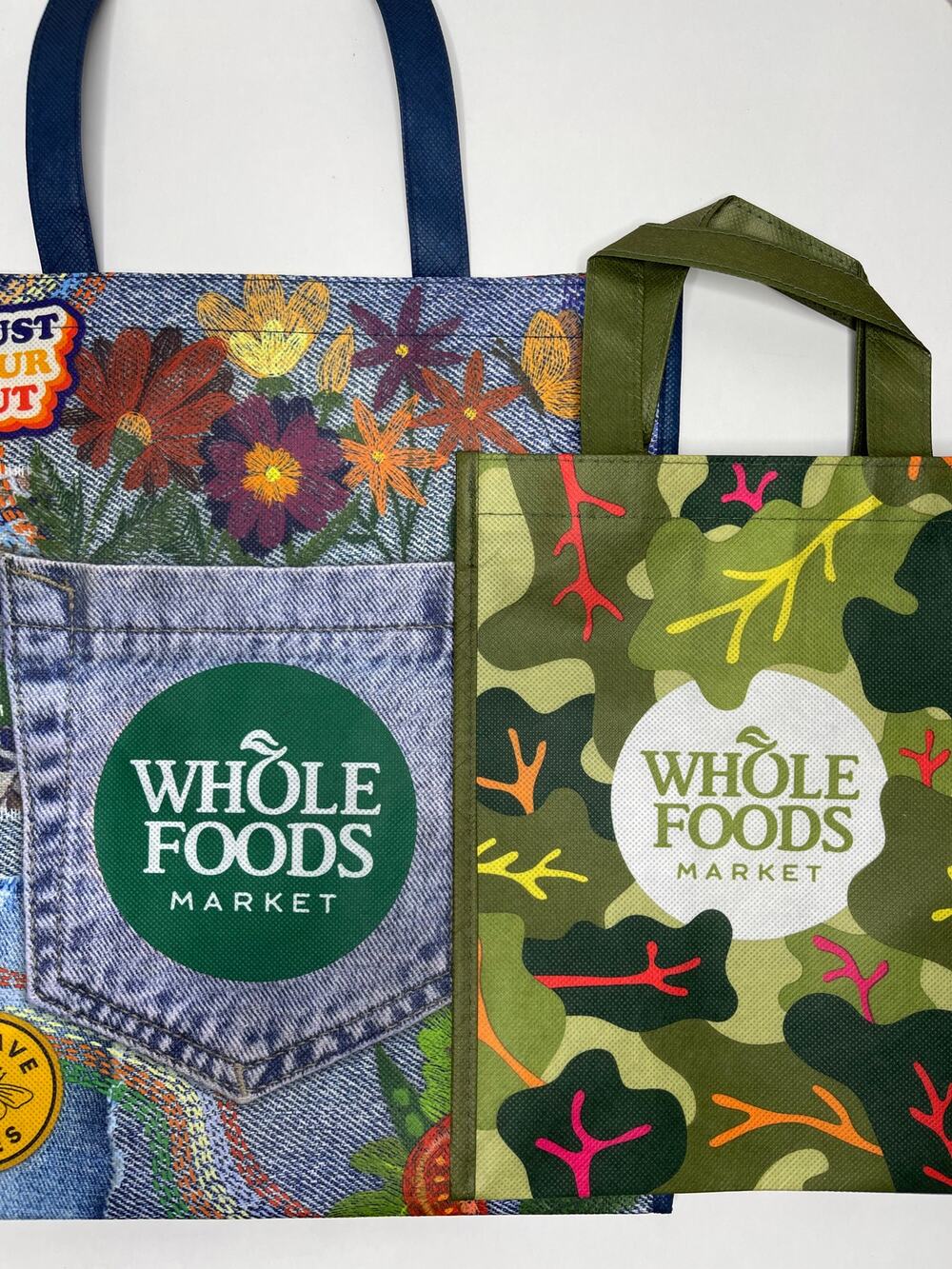et of 2 Whole Foods Market Reusable Grocery Tote Bags, Large Denim + Small Green